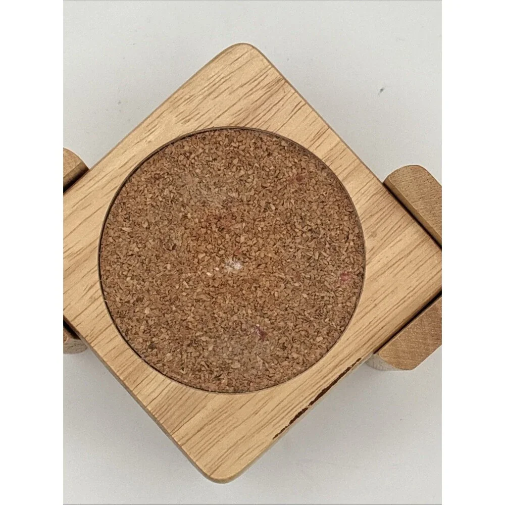 Set Of 5 MCM Vintage Light Wood Drink Coaster Set with Holder CORK TAIWAN